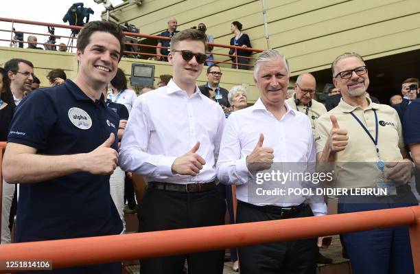 Astronaut trainee Raphael Liegeois, Prince Gabriel, King Philippe - Filip of Belgium and ESA director general Josef Aschbacher give thumbs up during...