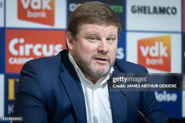 Gent's head coach Hein Vanhaezebrouck pictured during the weekly press conference of Belgian soccer team KAA Gent, Friday 14 April 2023 in Gent, to...