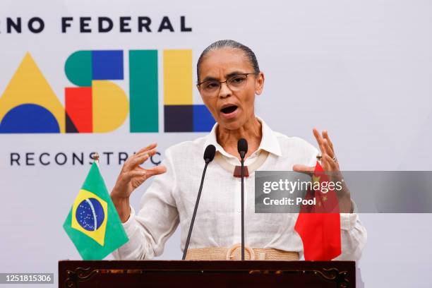Brazil's Environment Minister Marina Silva speaks during a news conference, at the Brazilian Embassy on April 14, 2023 in Beijing, China.