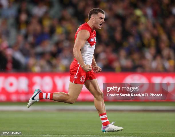 Tom Papley of the Swans celebrates a goal during the 2023 AFL Round 05 match between the Sydney Swans and the Richmond Tigers at Adelaide Oval on...