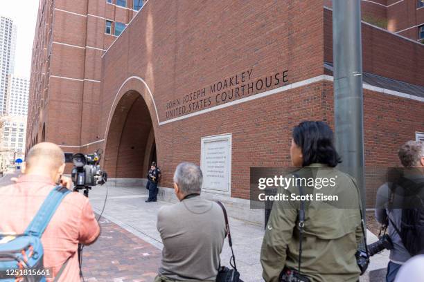 Media outside of John Joseph Moakley United States Courthouse before the arraignment of Jack Teixeira on April 14, 2023 in Boston, Massachusetts....