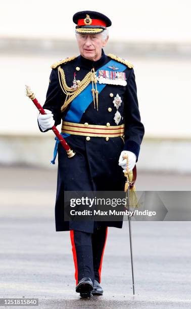 King Charles III inspects the 200th Sovereign's parade at the Royal Military Academy Sandhurst on April 14, 2023 in Camberley, England. The...