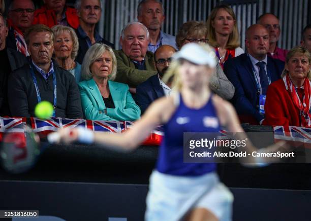 Sue Barker watches on during the Billie Jean King Cup Qualifier match between Great Britain and France at The Coventry Building Society Arena on...