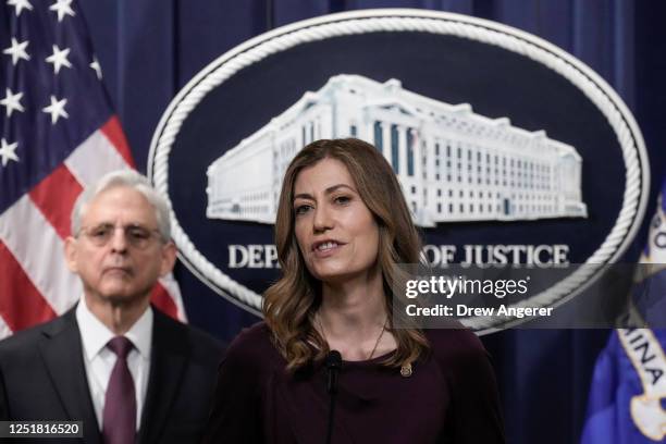 Administrator of the Drug Enforcement Administration Anne Milgram speaks as Attorney General Merrick Garland looks on during a news conference at the...