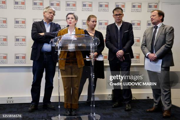 French MP and member of the EELV Party , Sandrine Rousseau speaks during a press conference as French leftist La France Insoumise party Member of...