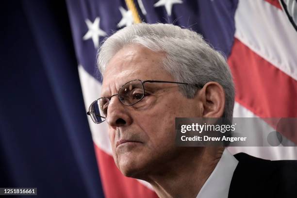 Attorney General Merrick Garland speaks during a news conference at the U.S. Department of Justice headquarters April 14, 2023 in Washington, DC. The...
