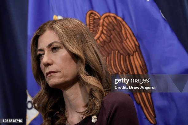 Administrator of the Drug Enforcement Administration Anne Milgram looks on during a news conference at the U.S. Department of Justice headquarters...