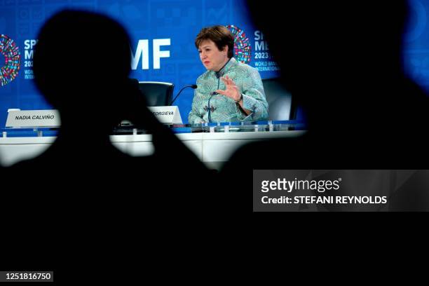 International Monetary Fund Managing Director Kristalina Georgieva speaks to the press at IMF headquarters during the World Bank Group and IMF Spring...