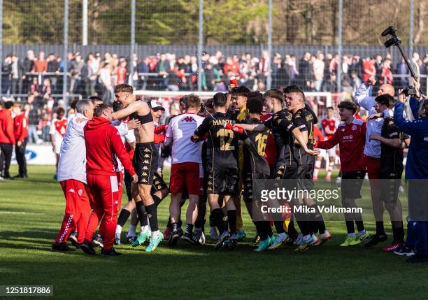 Team Mainz celebrate after the A Juniors German Championship Semi Final Leg Two match between 1. FC Koeln and 1. FSV Mainz 05 at Franz-Kremer-Stadion...