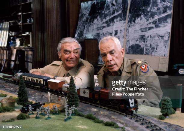 American film and television actors Lee Marvin as Major John Reisman and Ernest Borgnine as Major General Sam Worden in the film "The Dirty Dozen",...