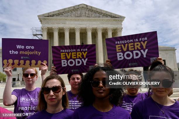 Abortion rights advocates rally outside the US Supreme Court on April 14 in Washington, DC, speaking out against abortion pill restrictions. - The US...