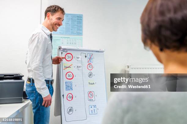 two women with instructor in driving school - fahrschule stock-fotos und bilder