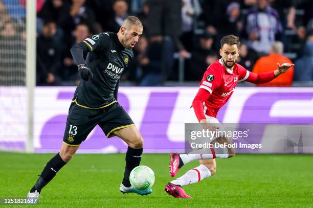 Islam Slimani of RSC Anderlecht Controls the ball during the UEFA Europa Conference League quarterfinal first leg match between RSC Anderlecht and AZ...