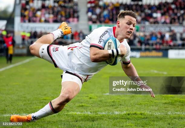 Northern Ireland , United Kingdom - 14 April 2023; Craig Gilroy of Ulster dives over to score a try but was subsequently disallowed during the United...