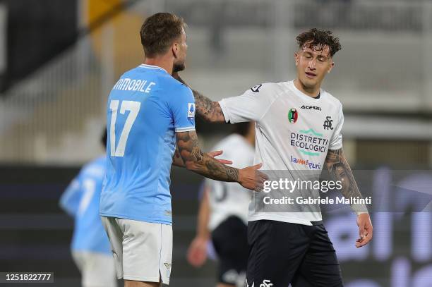 Ciro Immobile of SS Lazio and Salvatore Esposito of Spezia Calcio during the Serie A match between Spezia Calcio and SS Lazio at Stadio Alberto Picco...