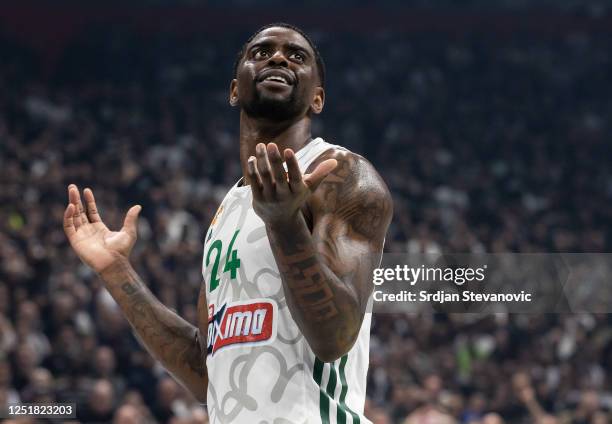 Dwayne Bacon of Panathinaikos reacts during the 2022-23 Turkish Airlines EuroLeague Regular Season Round 34 game between Partizan Mozzart Bet...