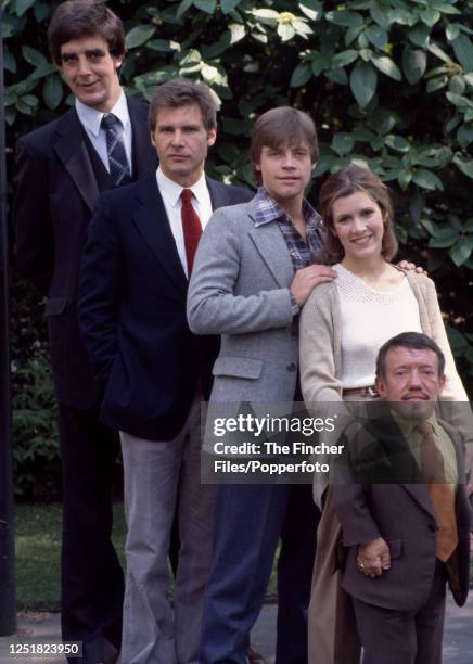 Five members of the cast of "Star Wars - Episode V: The Empire Strikes Back", left to right: Peter Mayhew as Chewbacca, Harrison Ford as Han Solo,...