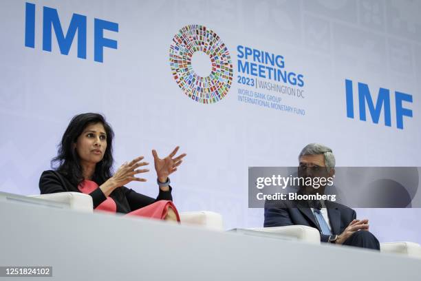 Gita Gopinath, first deputy managing director of International Monetary Fund , left, at an event during the spring meetings of the International...