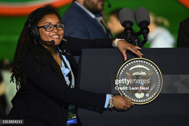 The Seal of the President of the United States is positioned onstage prior to the arrival of US President Joe Biden to a celebration event on April...