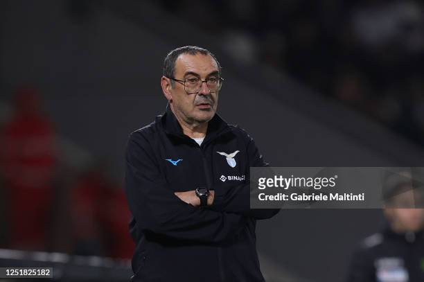 Maurizio Sarri manager of SS Lazio looks on during the Serie A match between Spezia Calcio and SS Lazio at Stadio Alberto Picco on April 14, 2023 in...
