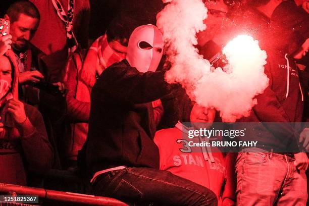 Standard's supporters pictured during a soccer match between Standard de Liege and Sporting Charleroi, Friday 14 April 2023 in Liege, on day 33 of...