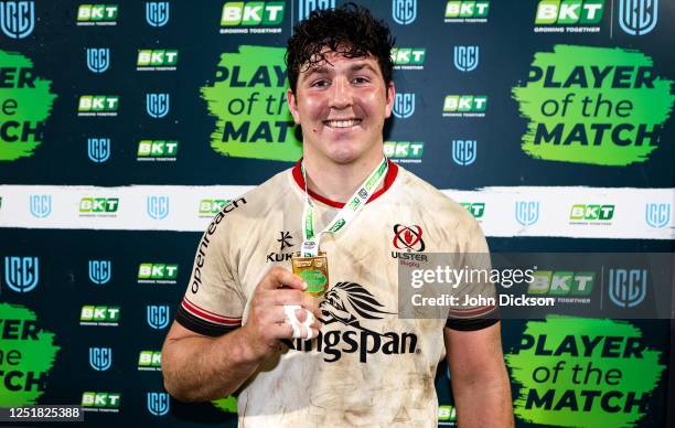 Northern Ireland , United Kingdom - 14 April 2023; Tom Stewart of Ulster with his player of the match award after the United Rugby Championship match...