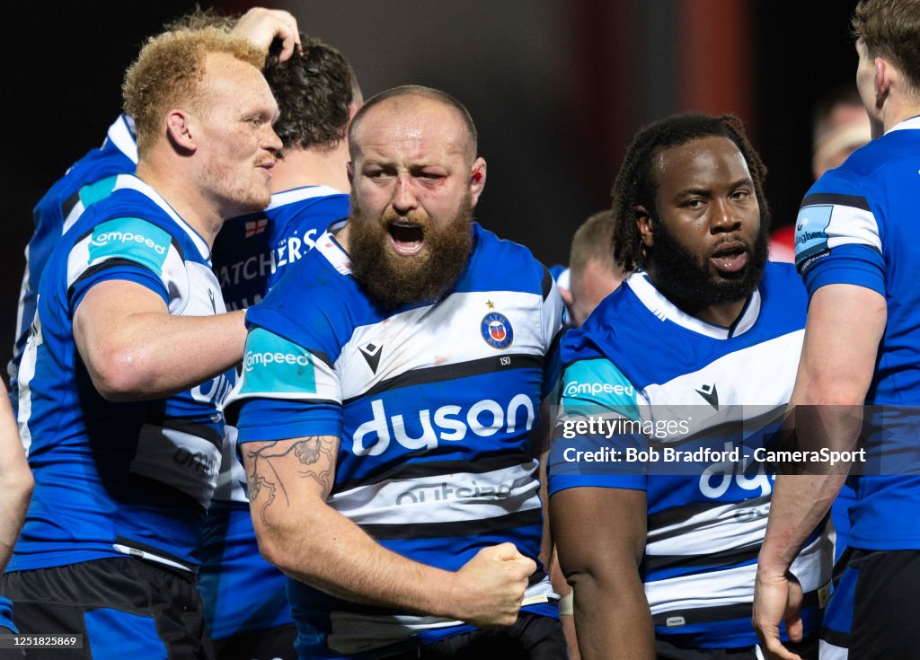 Tom Manders Rugby Bath Rugby's Tom Dunn celebrates at scrum time during the Gallagher ...