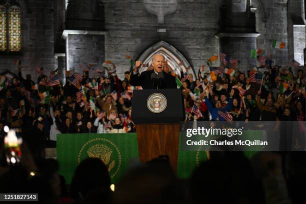 President Joe Biden addresses a crowd during a celebration event at St Muredach's Cathedral on April 14, 2023 in Ballina, Ireland. U.S. President Joe...