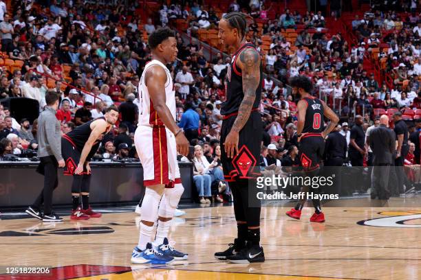 Kyle Lowry of the Miami Heat and DeMar DeRozan of the Chicago Bulls talk during the game between the Chicago Bulls and the Miami Heat During the 2023...