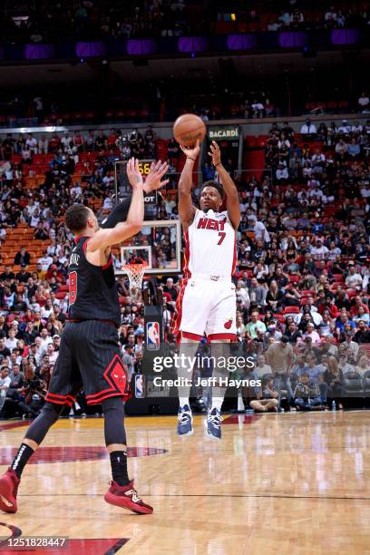 Kyle Lowry of the Miami Heat shoots a three point basket during the game against the Chicago Bulls During the 2023 Play-in Tournament on April 14,...