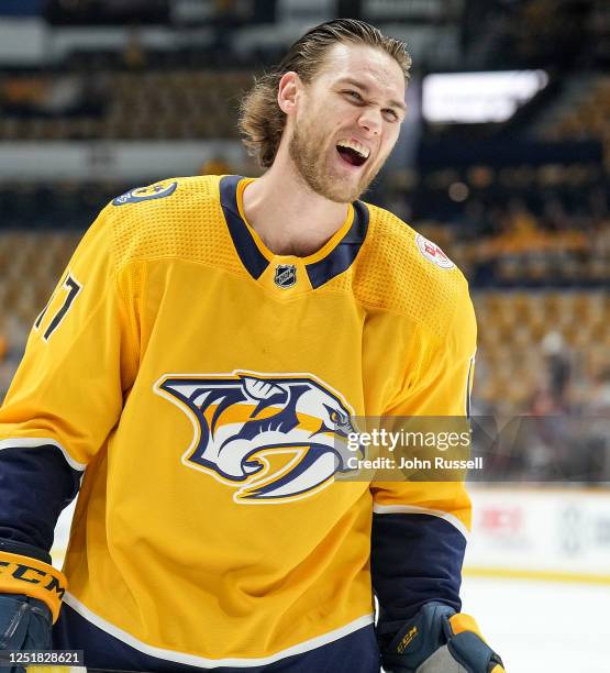 Mark Jankowski of the Nashville Predators laughs during warmups prior to an NHL game against the Colorado Avalanche at Bridgestone Arena on April 14,...