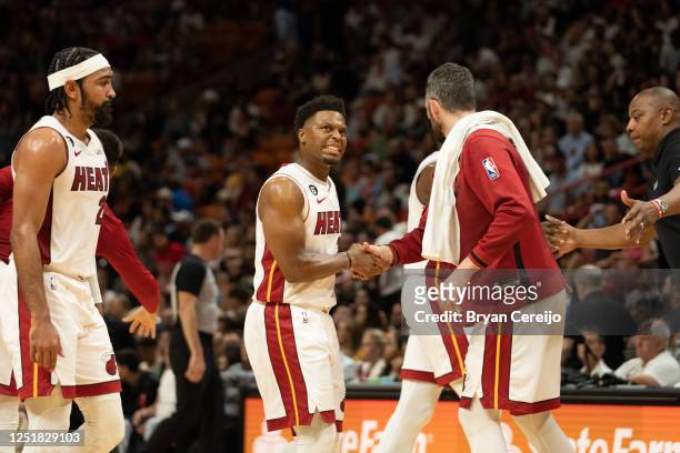 Kyle Lowry of the Miami Heat celebrates after a play against the Chicago Bulls at Kaseya Center on April 14, 2023 in Miami, Florida. NOTE TO USER:...