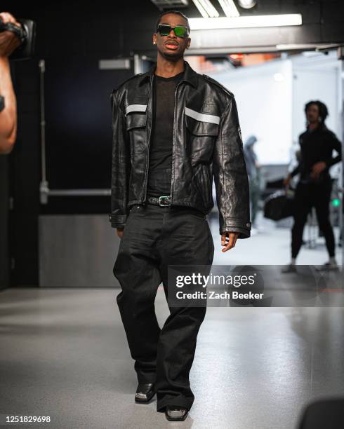 Shai Gilgeous-Alexander of the Oklahoma City Thunder arrives to the arena before the game against the Minnesota Timberwolves during the 2023 Play-In...