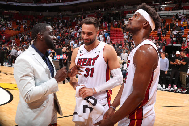 Jimmy Butler and Max Strus of the Miami Heat talks to the media after the game against the Chicago Bulls during the 2023 Play-In Tournament on April...