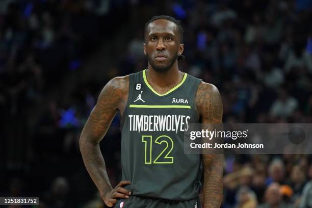 Taurean Prince of the Minnesota Timberwolves looks on during the 2023 Play-In Tournament against the Oklahoma City Thunder on April 14, 2023 at...