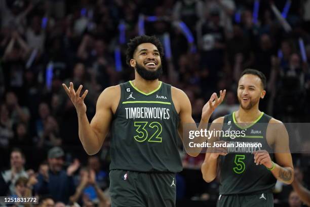 Karl-Anthony Towns of the Minnesota Timberwolves celebrates a play during the 2023 Play-In Tournament against the Oklahoma City Thunder on April 14,...