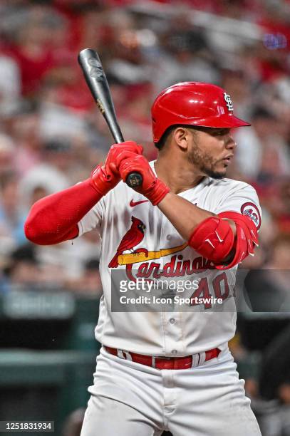 St. Louis Cardinals catcher Willson Contreras waits for the pitch during a game between the Pittsburgh Pirates and the St. Louis Cardinals on Apr 14...