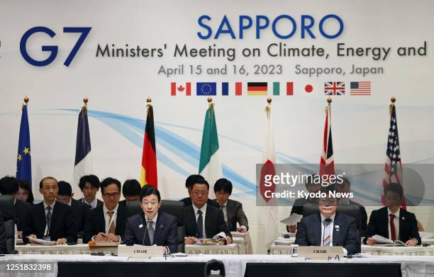 Japanese Economy, Trade and Industry Minister Yasutoshi Nishimura speaks during the first day of a two-day Group of Seven ministerial meeting on...