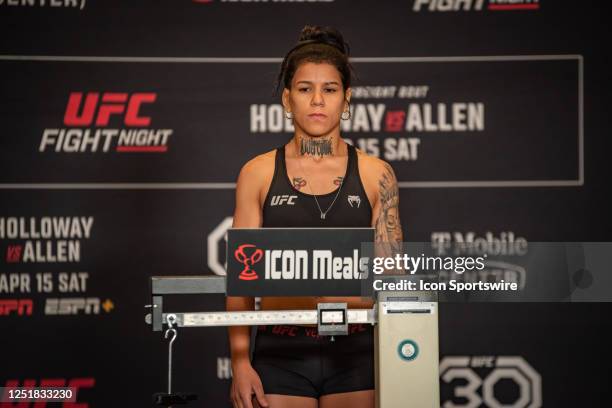 Denise Gomez weighs in at 115lb for UFC Fight Night Kansas City on April 14 at the T-Mobile Center in Kansas City, MO.