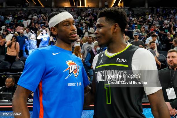 Shai Gilgeous-Alexander of the Oklahoma City Thunder and Anthony Edwards of the Minnesota Timberwolves interact after the NBA Play-In game at Target...