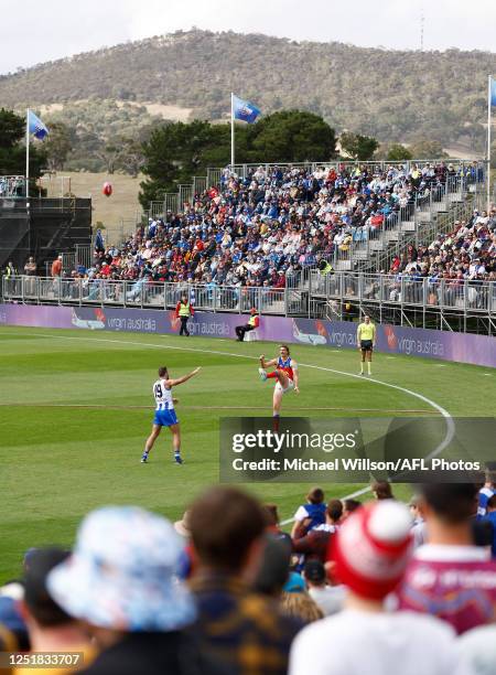 Joe Daniher of the Lions kicks the ball during the 2023 AFL Round 05 match between the Brisbane Lions and the North Melbourne Kangaroos at Adelaide...