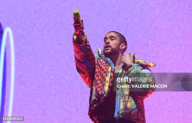 Puerto Rican singer Bad Bunny performs during the first week-end of Coachella Valley Music and Arts Festival in Indio, California, on April 14, 2023.