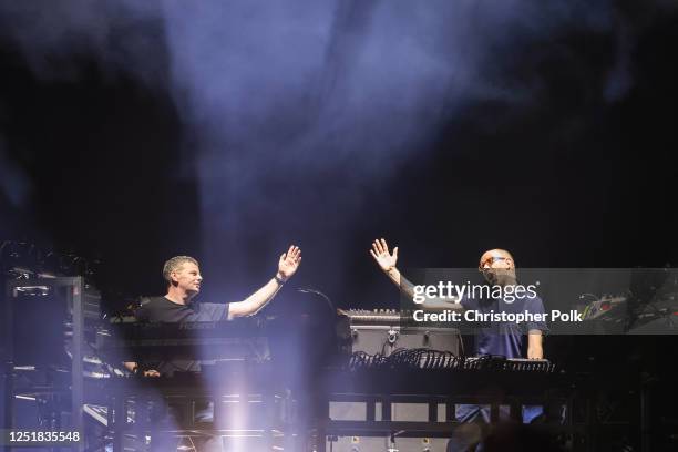 Ed Simons and Tom Rowlands of The Chemical Brothers perform onstage at the 2023 Coachella Valley Music & Arts Festival on April 14, 2023 in Indio,...