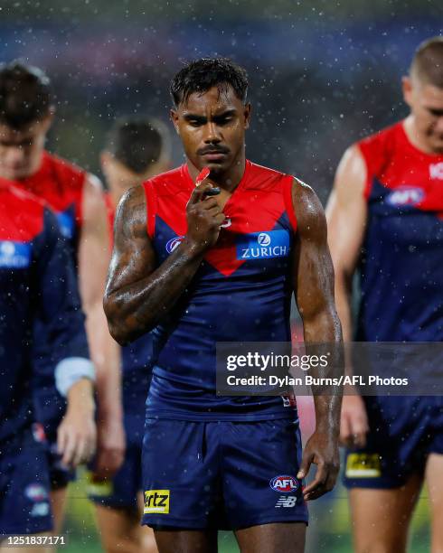 Kysaiah Pickett of the Demons looks dejected after a loss during the 2023 AFL Round 05 match between the Essendon Bombers and the Melbourne Demons at...