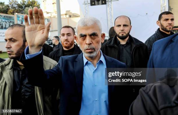 Yahya Sinwar, head of the Palestinian Islamic movement Hamas in the Gaza Strip, waves his hand to the crowd during the celebration of International...