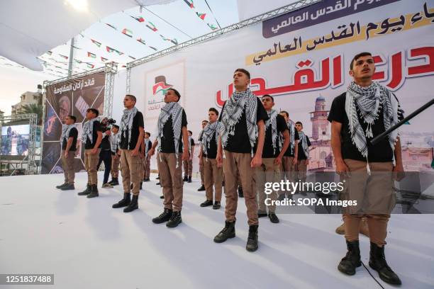 Palestinian "Dabka" team show their skills during a rally marking "Jerusalem Day," or Al-Quds Day. The chief of the Palestinian Islamist Hamas...