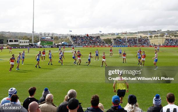 General view during the 2023 AFL Round 05 match between the Brisbane Lions and the North Melbourne Kangaroos at Adelaide Hills on April 15, 2023 in...