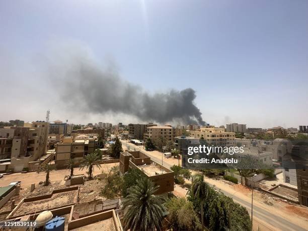 Smokes rise after clashes erupted in the Sudanese capital on April 15, 2023 between the Sudanese Armed Forces and the paramilitary Rapid Support...