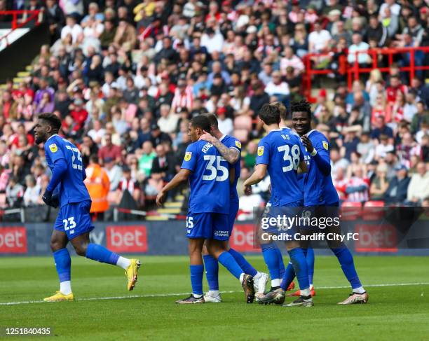 Sory Kaba celebrates his goal against Sheffield United during the Sky Bet Championship between Sheffield United and Cardiff City at Bramall Lane on...