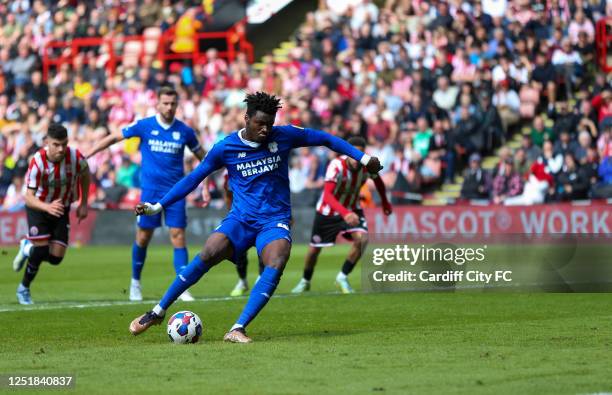 Sory Kaba of Cardiff City FC scores against Sheffield United during the Sky Bet Championship between Sheffield United and Cardiff City at Bramall...